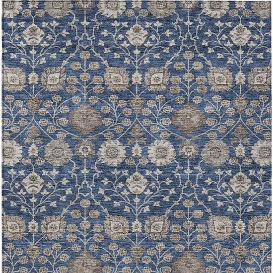 Navy Blue Brown And Beige Floral Washable Indoor Outdoor Area Rug Photo 5