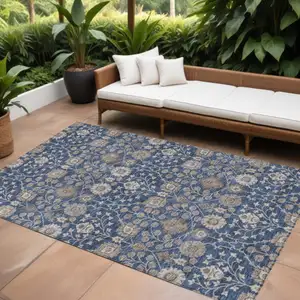 Photo of Navy Blue Brown And Beige Floral Washable Indoor Outdoor Area Rug