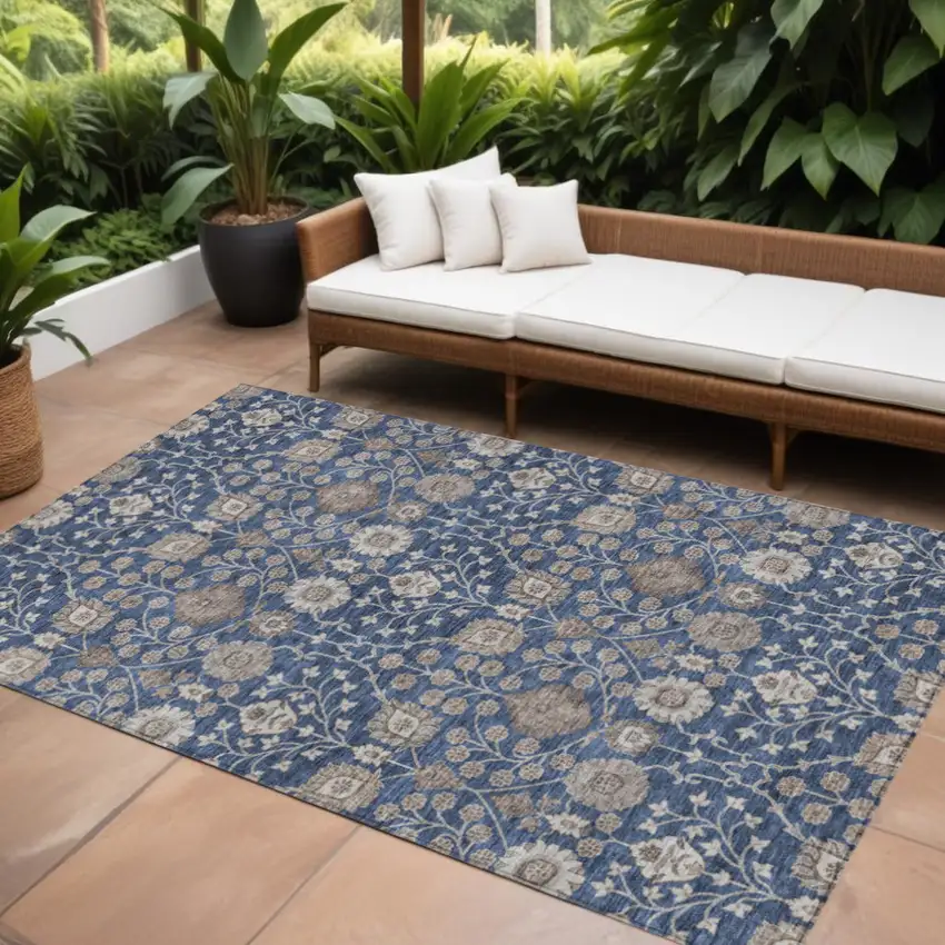 Navy Blue Brown And Beige Floral Washable Indoor Outdoor Area Rug Photo 1