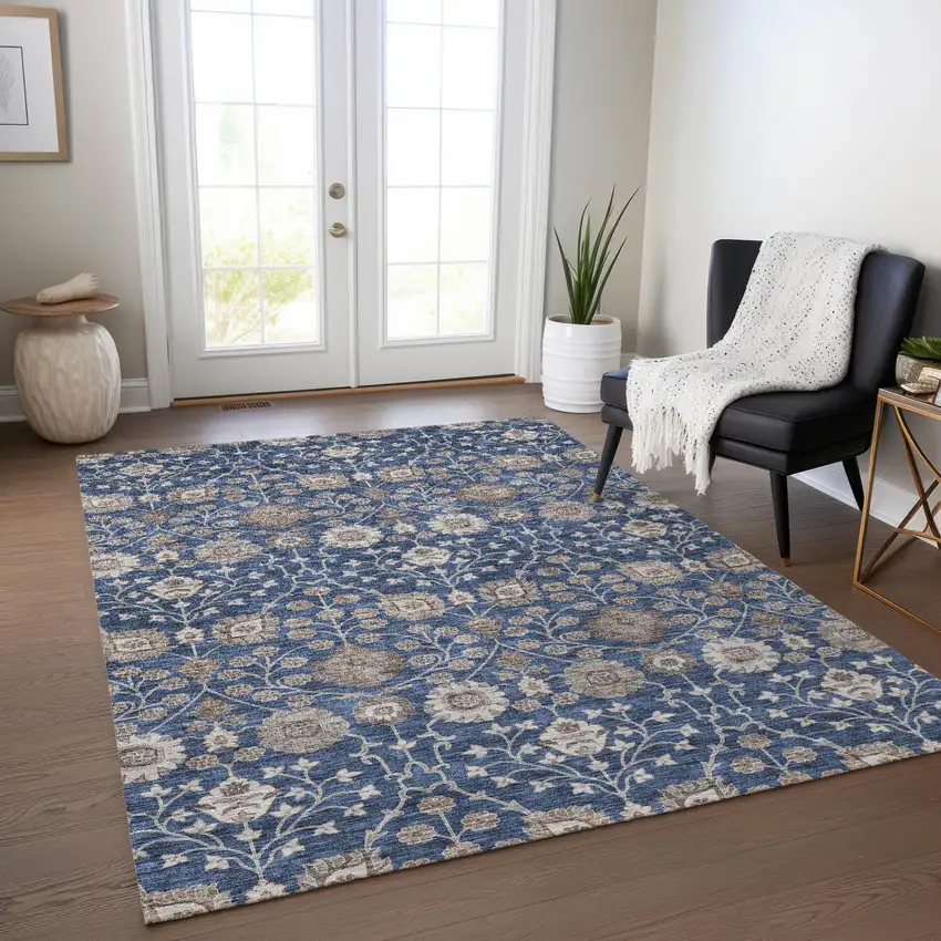 Navy Blue Brown And Beige Floral Washable Indoor Outdoor Area Rug Photo 8