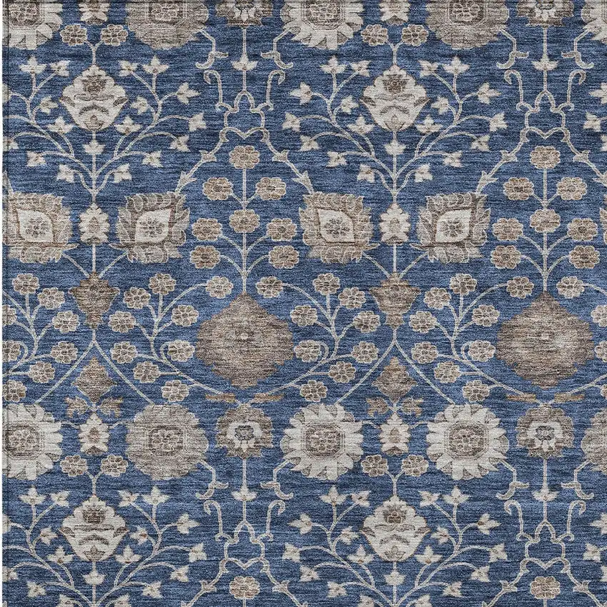 Navy Blue Brown And Beige Floral Washable Indoor Outdoor Area Rug Photo 5