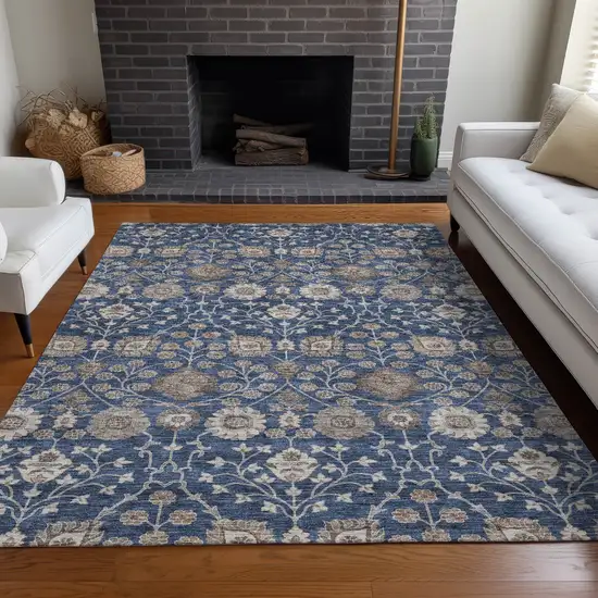 Navy Blue Brown And Beige Floral Washable Indoor Outdoor Area Rug Photo 9