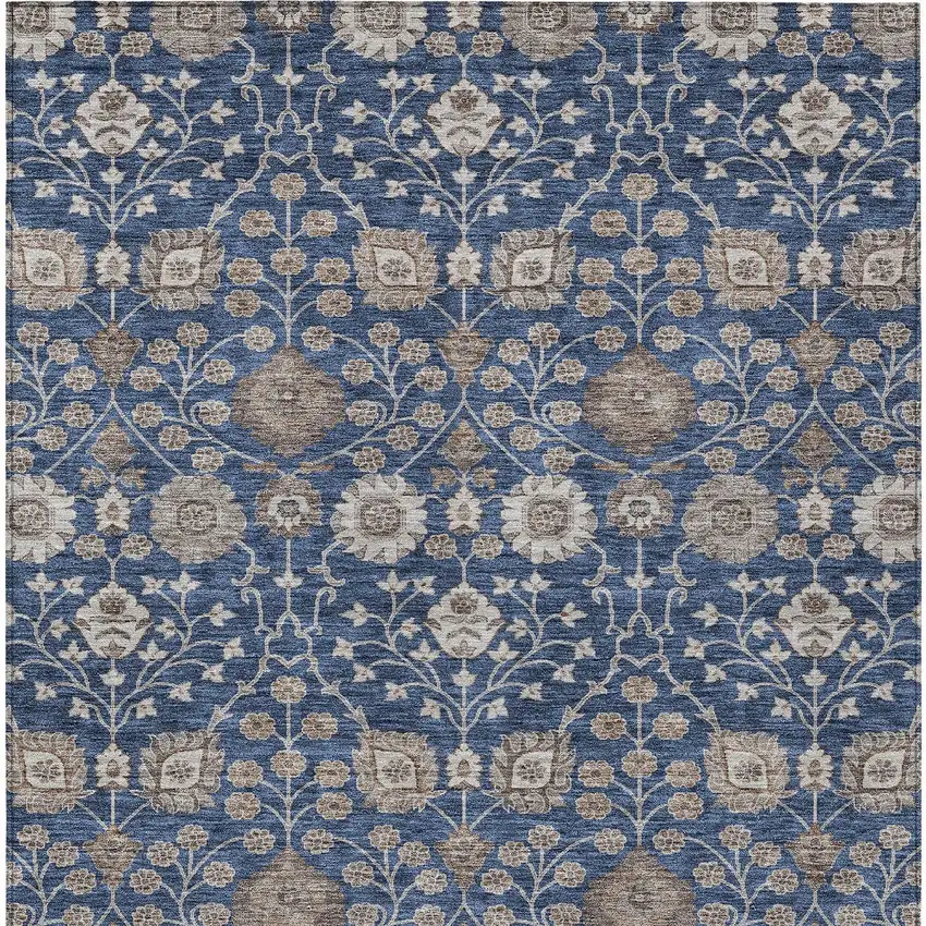 Navy Blue Brown And Beige Floral Washable Indoor Outdoor Area Rug Photo 6
