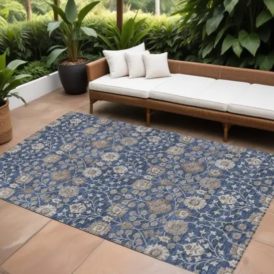 Navy Blue Brown And Beige Floral Washable Indoor Outdoor Area Rug Photo 1
