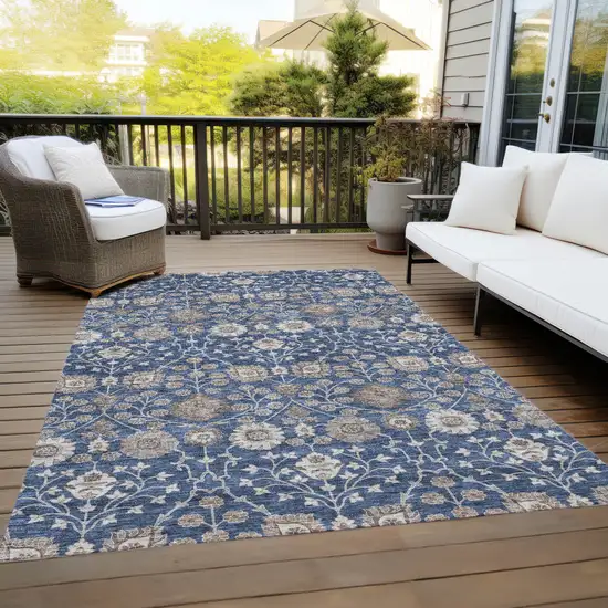 Navy Blue Brown And Beige Floral Washable Indoor Outdoor Area Rug Photo 9