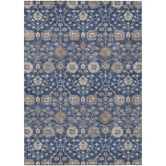 Navy Blue Brown And Beige Floral Washable Indoor Outdoor Area Rug Photo 2