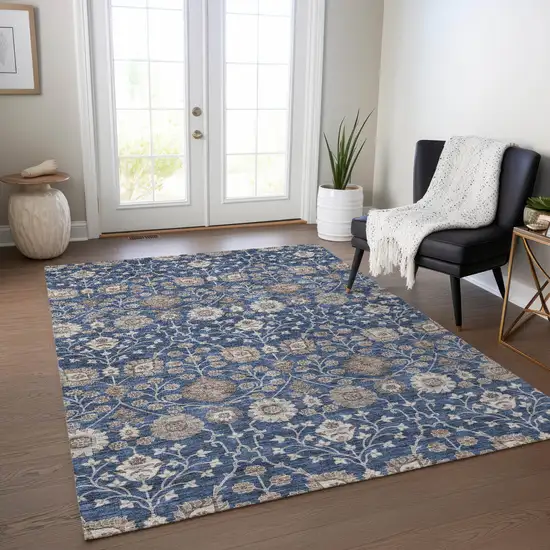 Navy Blue Brown And Beige Floral Washable Indoor Outdoor Area Rug Photo 7