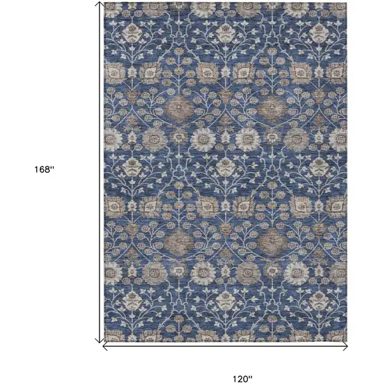 Navy Blue Brown And Beige Floral Washable Indoor Outdoor Area Rug Photo 6
