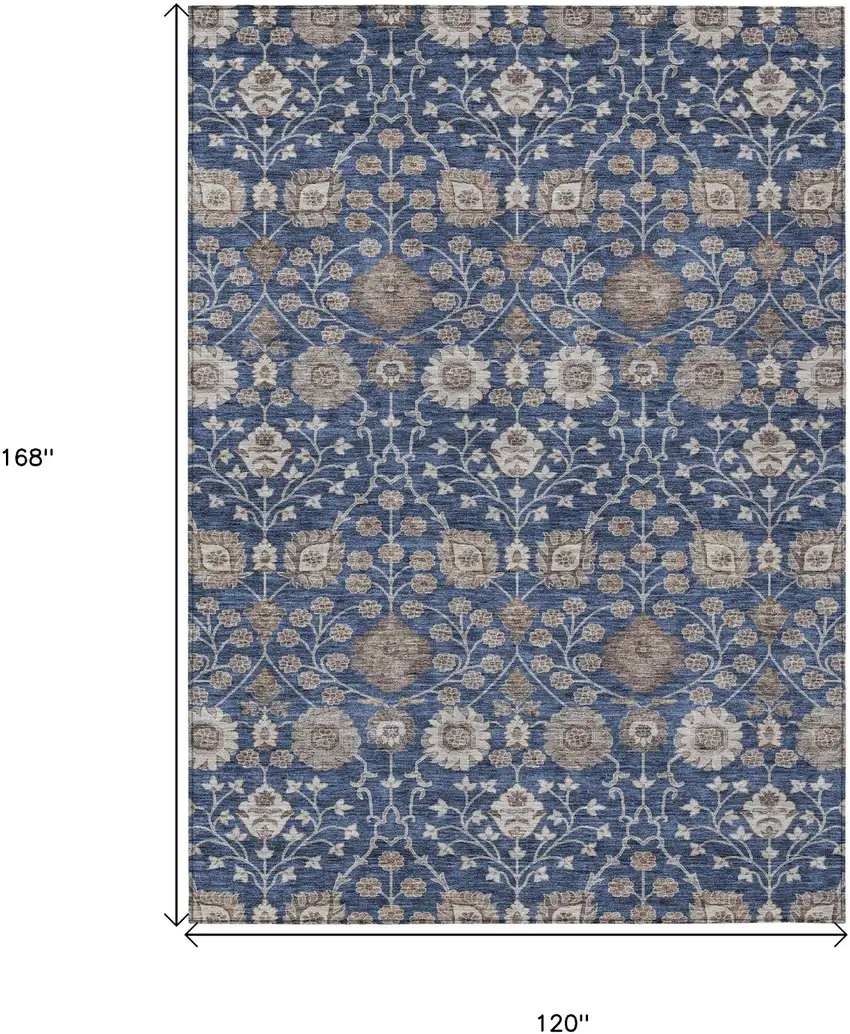 Navy Blue Brown And Beige Floral Washable Indoor Outdoor Area Rug Photo 6