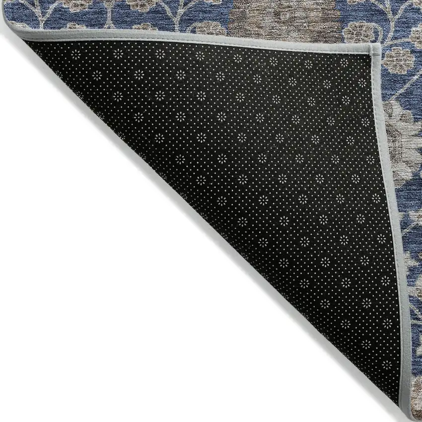 Navy Blue Brown And Beige Floral Washable Indoor Outdoor Area Rug Photo 3