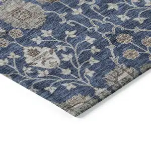 Photo of Navy Blue Brown And Beige Floral Washable Indoor Outdoor Area Rug