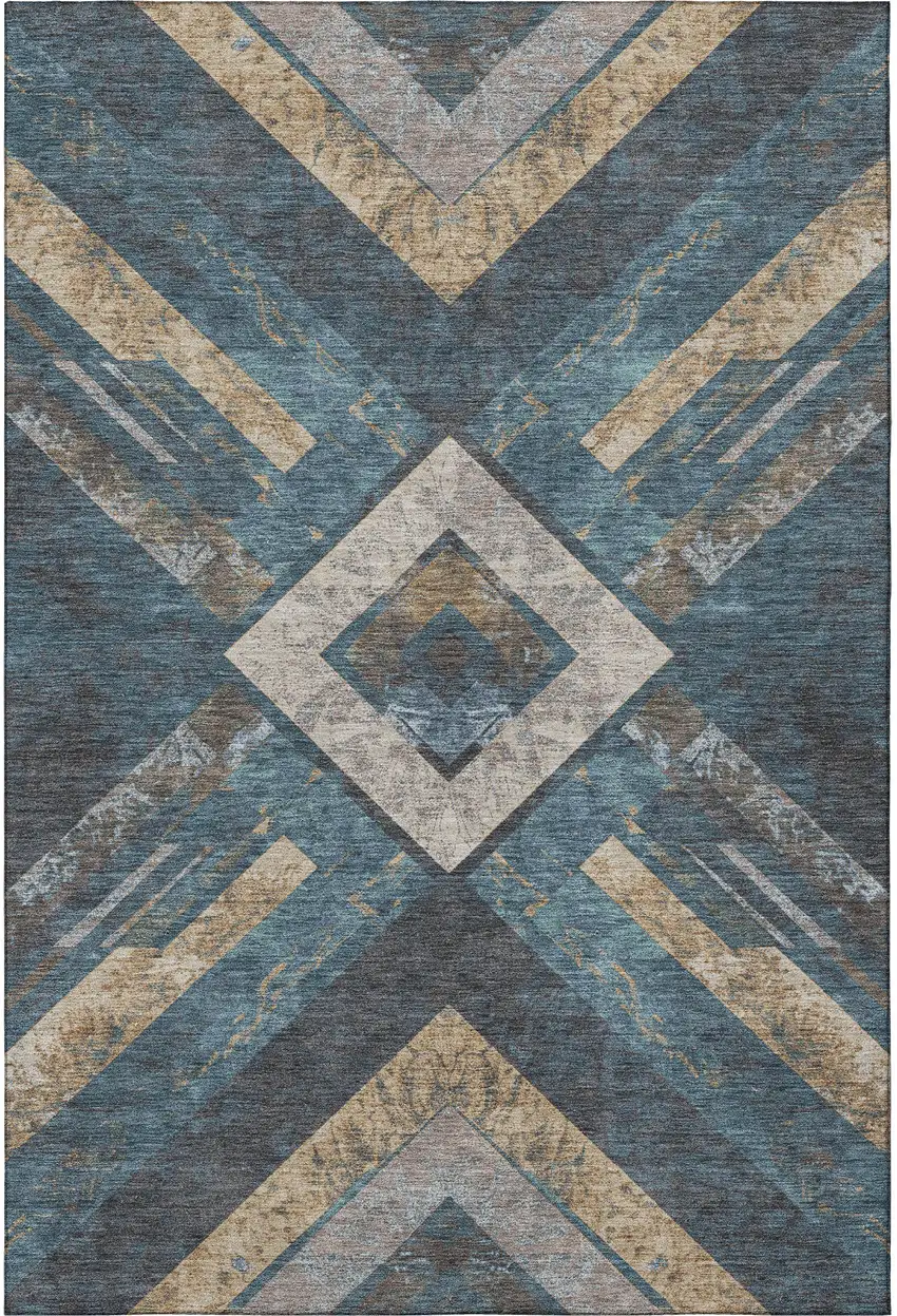 Navy Blue Brown And Beige Geometric Washable Area Rug With UV Protection Photo 3