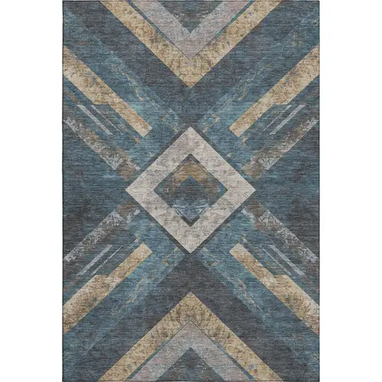 Navy Blue Brown And Beige Geometric Washable Area Rug With UV Protection Photo 1