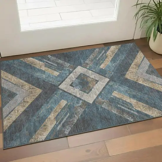 Navy Blue Brown And Beige Geometric Washable Area Rug With UV Protection Photo 2