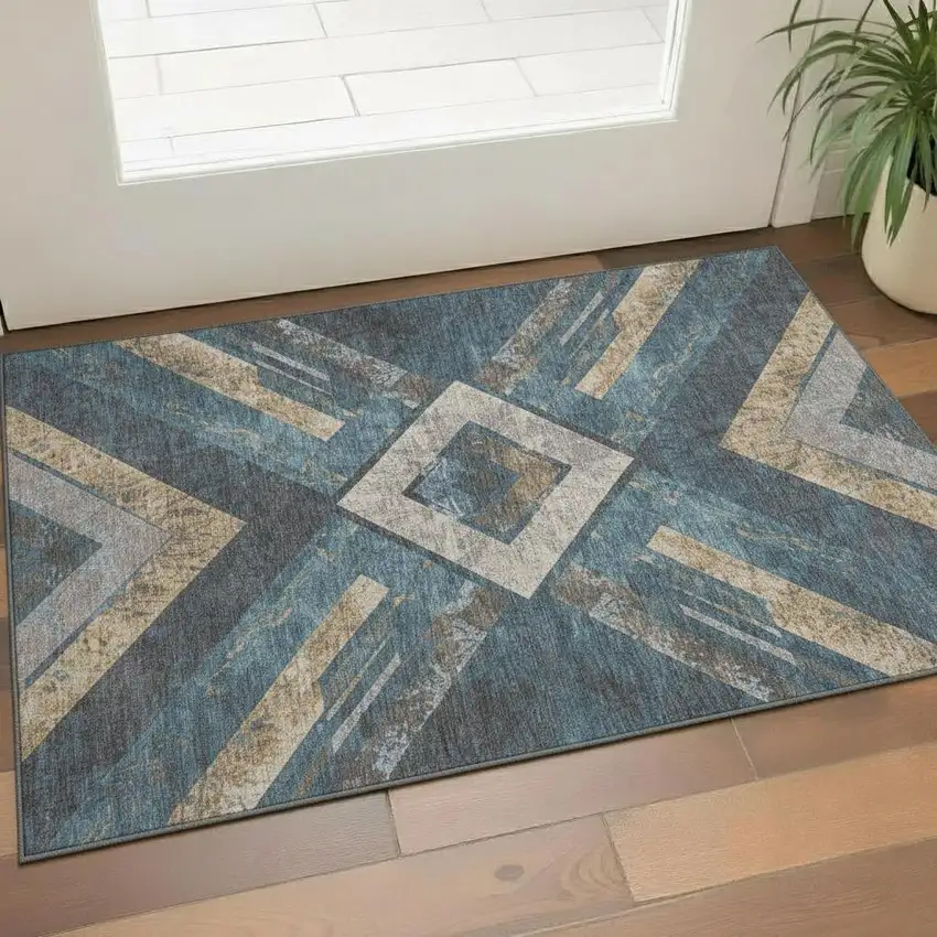 Navy Blue Brown And Beige Geometric Washable Area Rug With UV Protection Photo 2