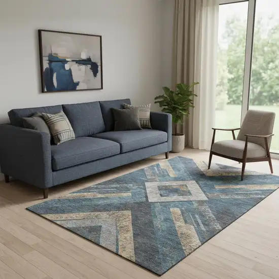 Navy Blue Brown And Beige Geometric Washable Area Rug With UV Protection Photo 2