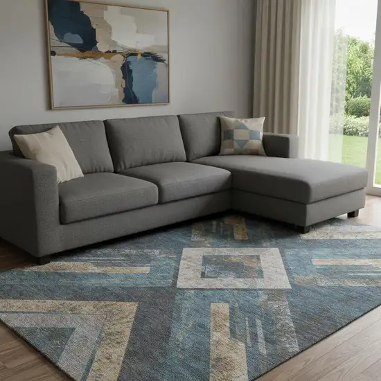 Navy Blue Brown And Beige Geometric Washable Area Rug With UV Protection Photo 2