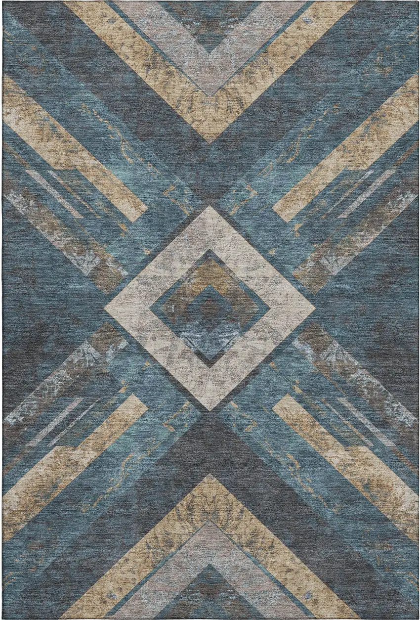 Navy Blue Brown And Beige Geometric Washable Area Rug With UV Protection Photo 1