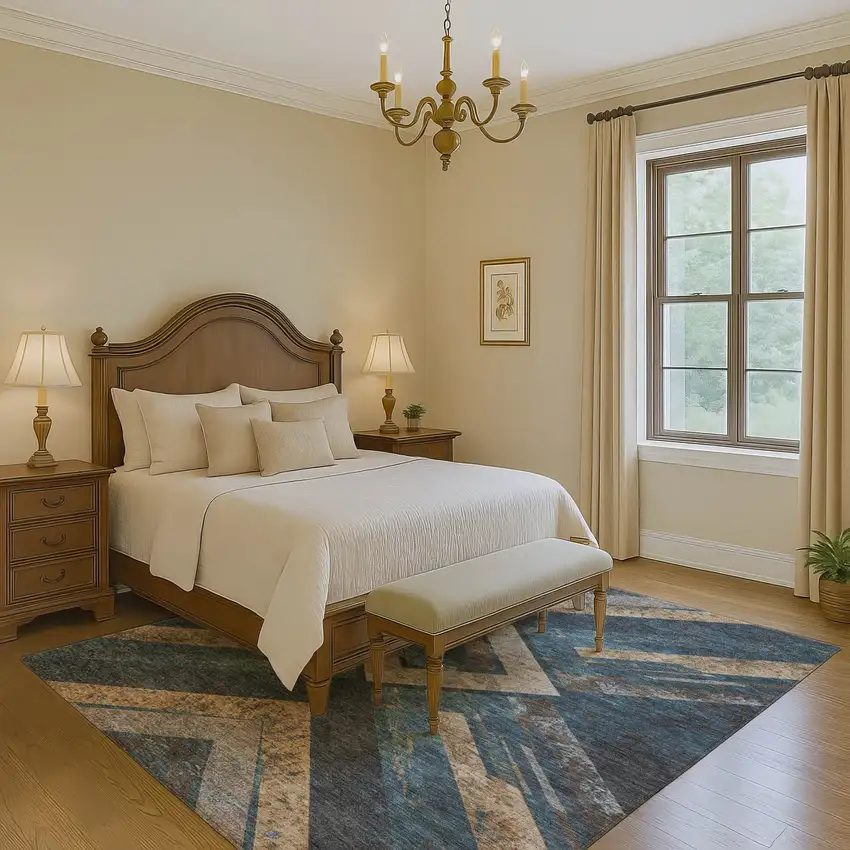 Navy Blue Brown And Beige Geometric Washable Area Rug With UV Protection Photo 5