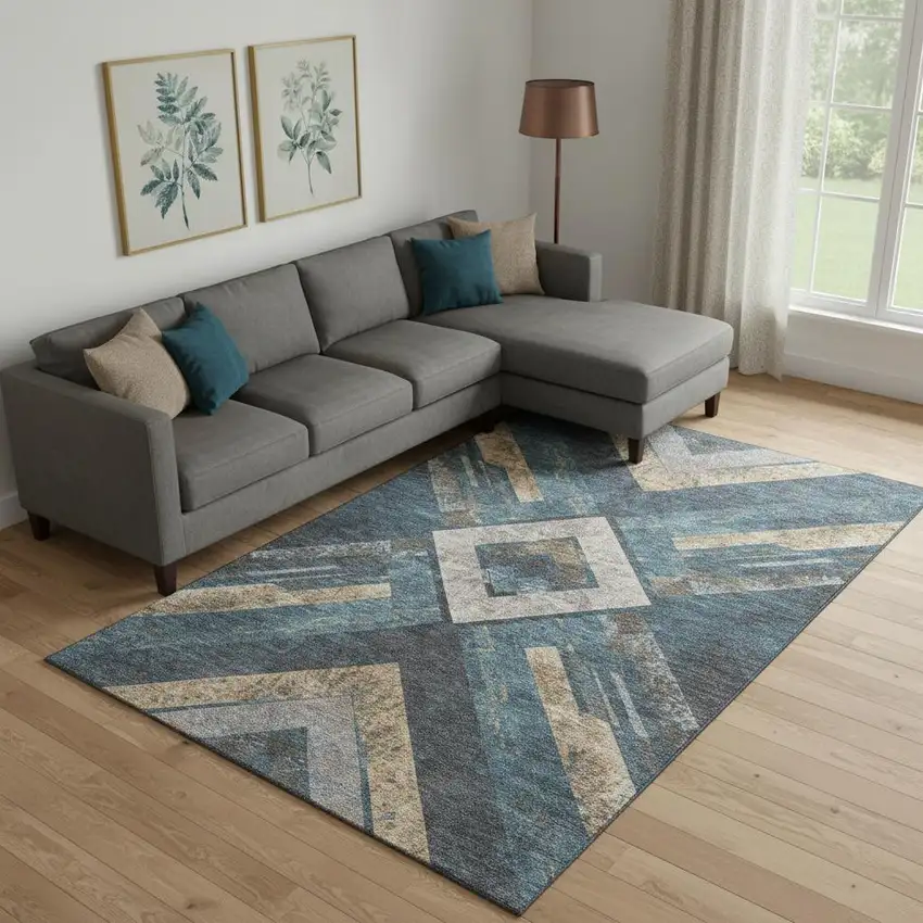 Navy Blue Brown And Beige Geometric Washable Area Rug With UV Protection Photo 2