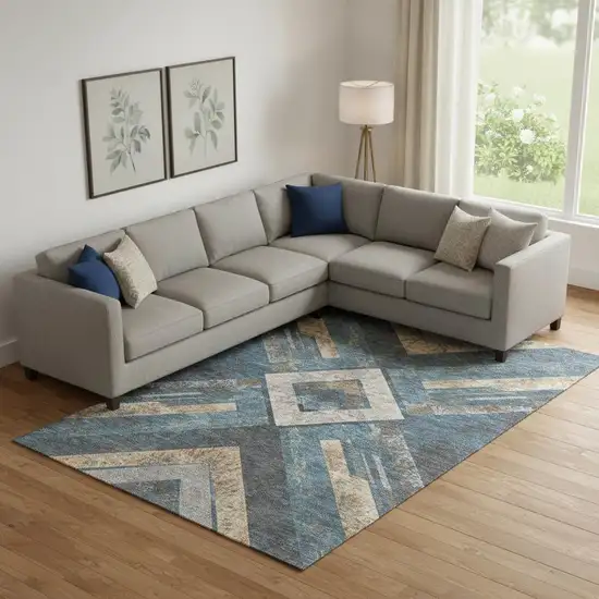 Navy Blue Brown And Beige Geometric Washable Area Rug With UV Protection Photo 2