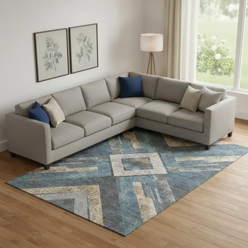 Navy Blue Brown And Beige Geometric Washable Area Rug With UV Protection Photo 2