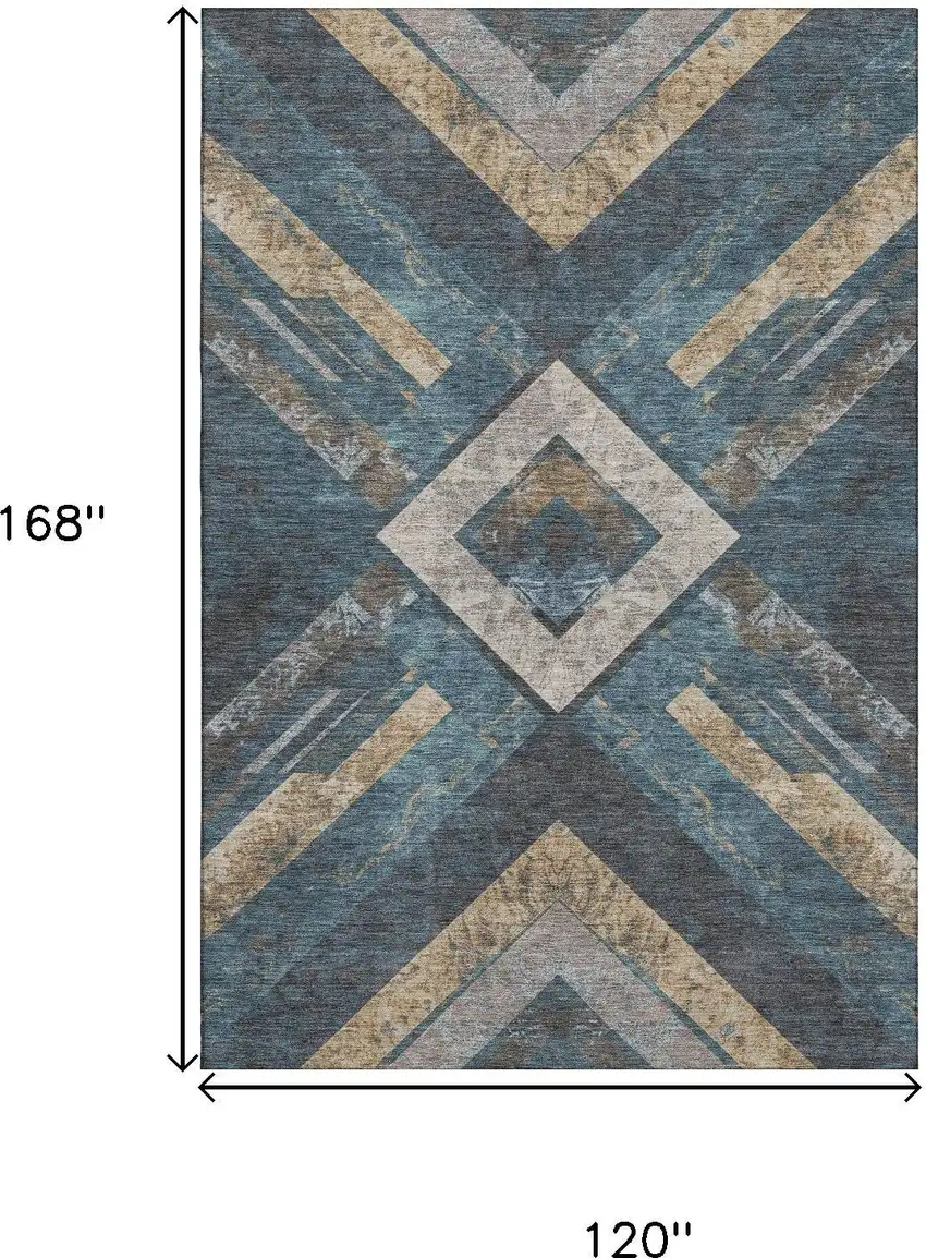 Navy Blue Brown And Beige Geometric Washable Area Rug With UV Protection Photo 9