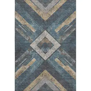 Photo of Navy Blue Brown And Beige Geometric Washable Area Rug With UV Protection