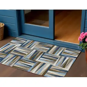 Photo of Navy Blue Brown And Beige Geometric Washable Indoor Outdoor Area Rug