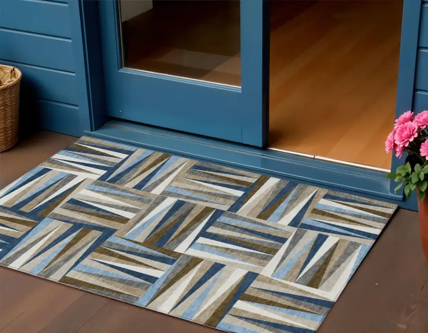 Navy Blue Brown And Beige Geometric Washable Indoor Outdoor Area Rug Photo 1