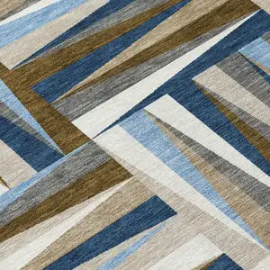 Photo of Navy Blue Brown And Beige Geometric Washable Indoor Outdoor Area Rug