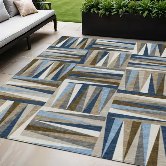 Navy Blue Brown And Beige Geometric Washable Indoor Outdoor Area Rug Photo 1