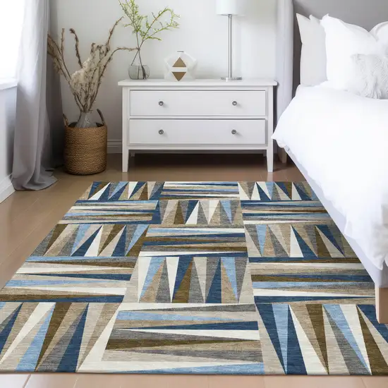 Navy Blue Brown And Beige Geometric Washable Indoor Outdoor Area Rug Photo 9