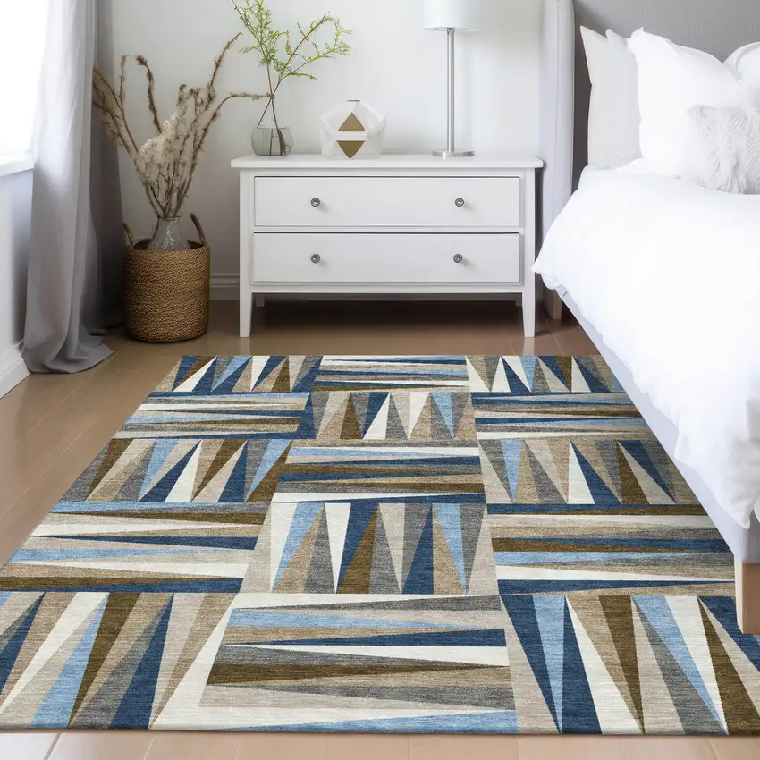 Navy Blue Brown And Beige Geometric Washable Indoor Outdoor Area Rug Photo 9