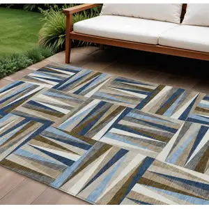 Photo of Navy Blue Brown And Beige Geometric Washable Indoor Outdoor Area Rug
