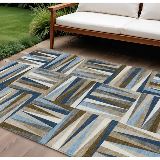 Navy Blue Brown And Beige Geometric Washable Indoor Outdoor Area Rug Photo 1