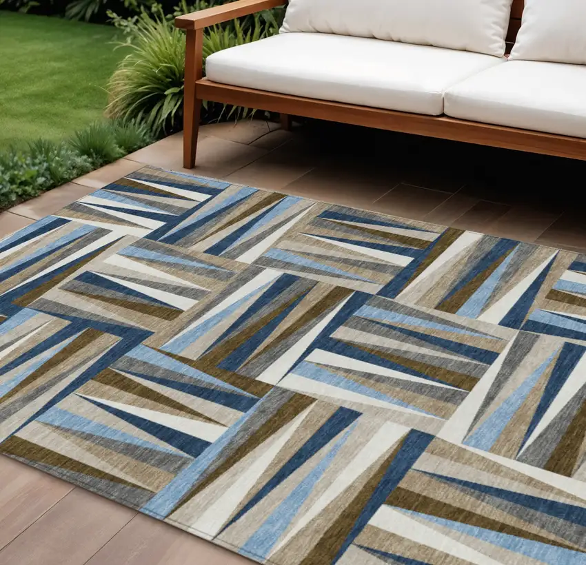 Navy Blue Brown And Beige Geometric Washable Indoor Outdoor Area Rug Photo 1