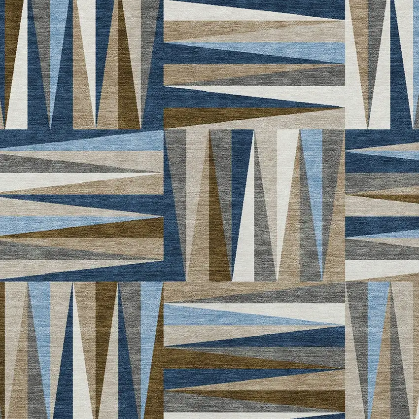 Navy Blue Brown And Beige Geometric Washable Indoor Outdoor Area Rug Photo 5