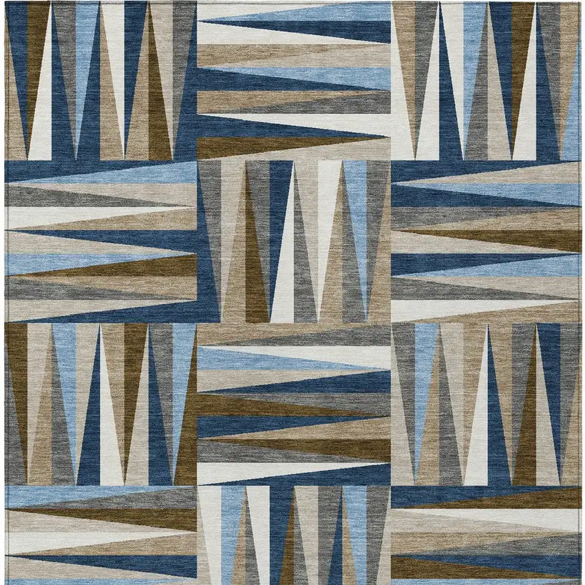 Navy Blue Brown And Beige Geometric Washable Indoor Outdoor Area Rug Photo 7