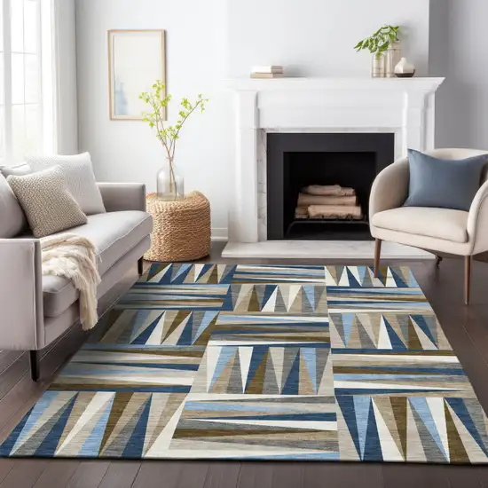 Navy Blue Brown And Beige Geometric Washable Indoor Outdoor Area Rug Photo 9
