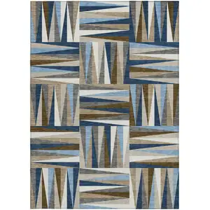 Photo of Navy Blue Brown And Beige Geometric Washable Indoor Outdoor Area Rug