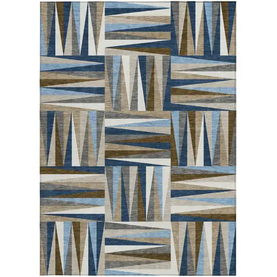 Navy Blue Brown And Beige Geometric Washable Indoor Outdoor Area Rug Photo 7