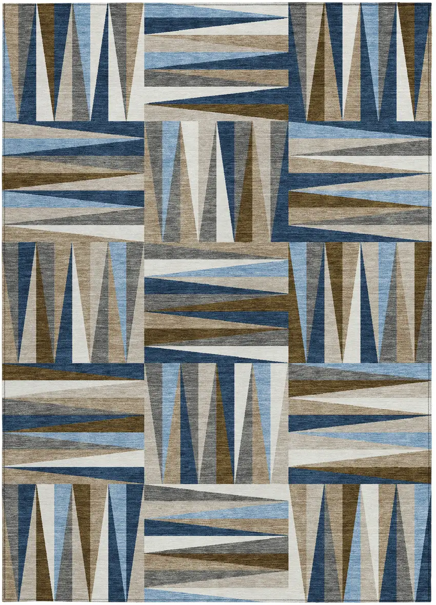 Navy Blue Brown And Beige Geometric Washable Indoor Outdoor Area Rug Photo 7