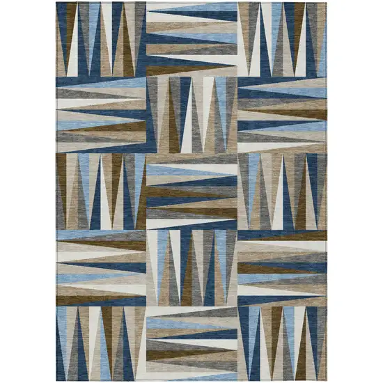 Navy Blue Brown And Beige Geometric Washable Indoor Outdoor Area Rug Photo 2