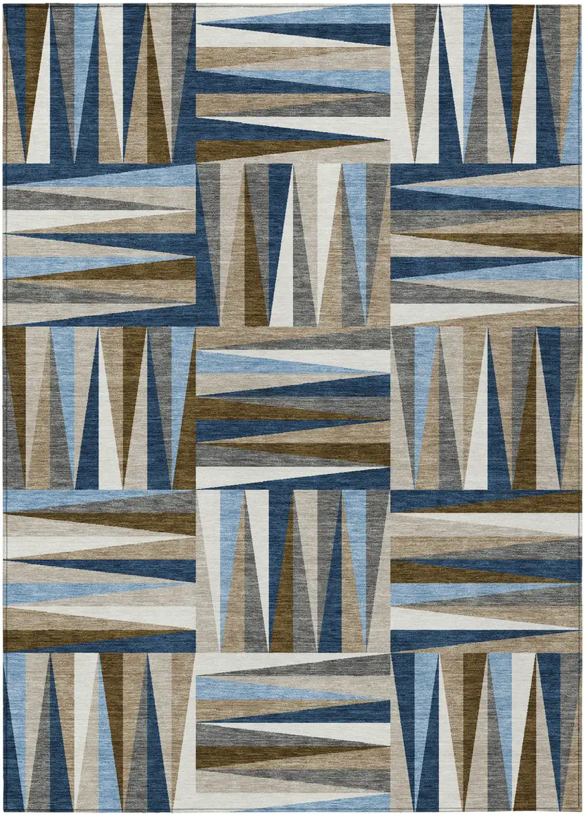 Navy Blue Brown And Beige Geometric Washable Indoor Outdoor Area Rug Photo 2