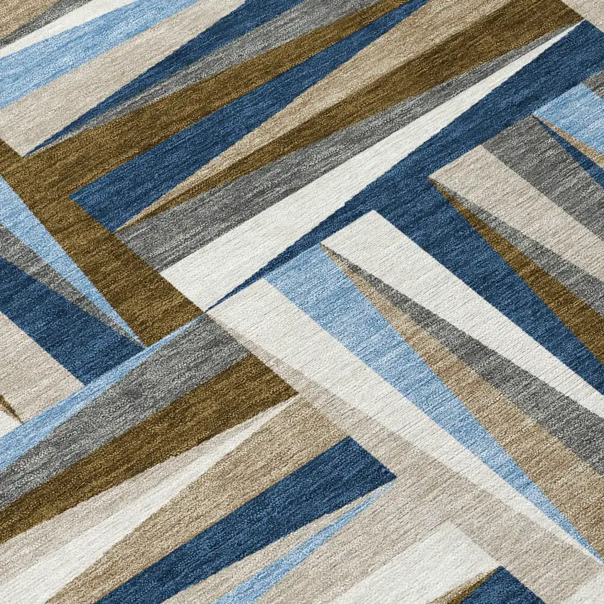 Navy Blue Brown And Beige Geometric Washable Indoor Outdoor Area Rug Photo 5