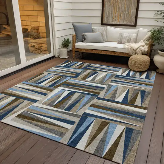 Navy Blue Brown And Beige Geometric Washable Indoor Outdoor Area Rug Photo 8