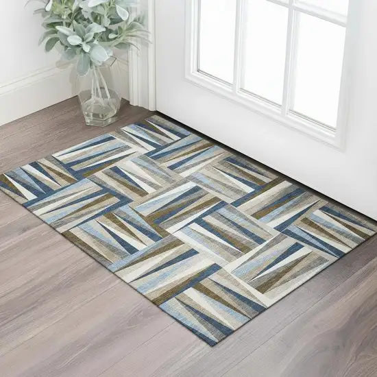 Navy Blue Brown And Ivory Geometric Washable Area Rug With UV Protection Photo 2