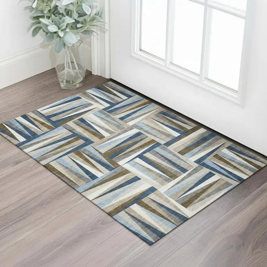 Navy Blue Brown And Ivory Geometric Washable Area Rug With UV Protection Photo 2