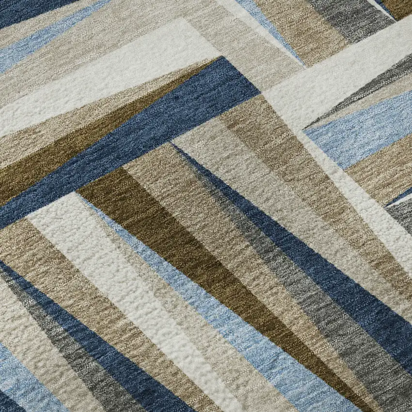 Navy Blue Brown And Ivory Geometric Washable Area Rug With UV Protection Photo 9